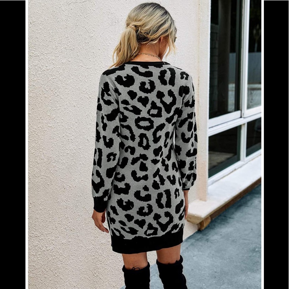 🆕Leopard Print Crew Neck Pull Over Sweater Dress - Picture 2 of 2